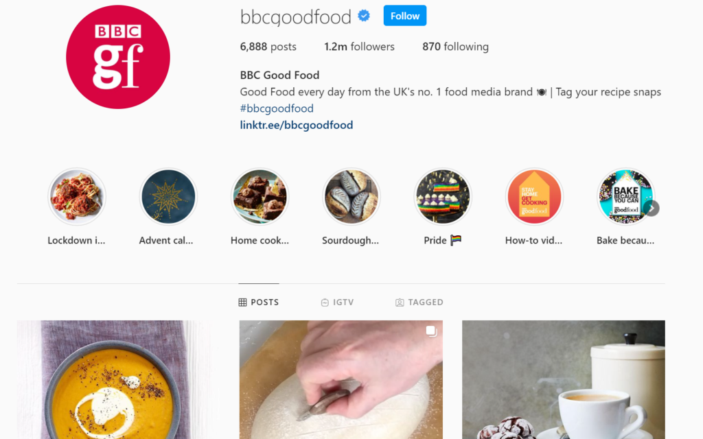 Screenshot of BBC Good Food’s verified Instagram account.